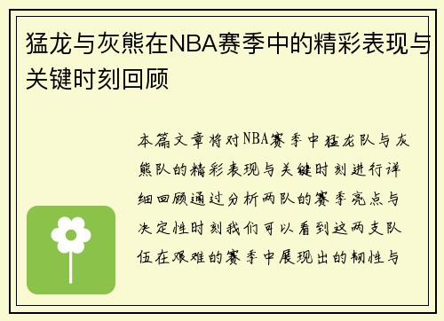 猛龙与灰熊在NBA赛季中的精彩表现与关键时刻回顾